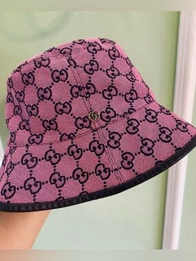 Gucci Pink GG Monogram Bucket Hat with Black Trim